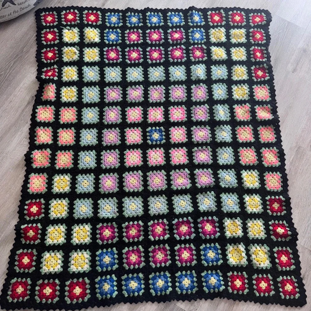 Handmade Granny Square Crochet Blanket Unisex OS Multicolor Black Retro Afghan